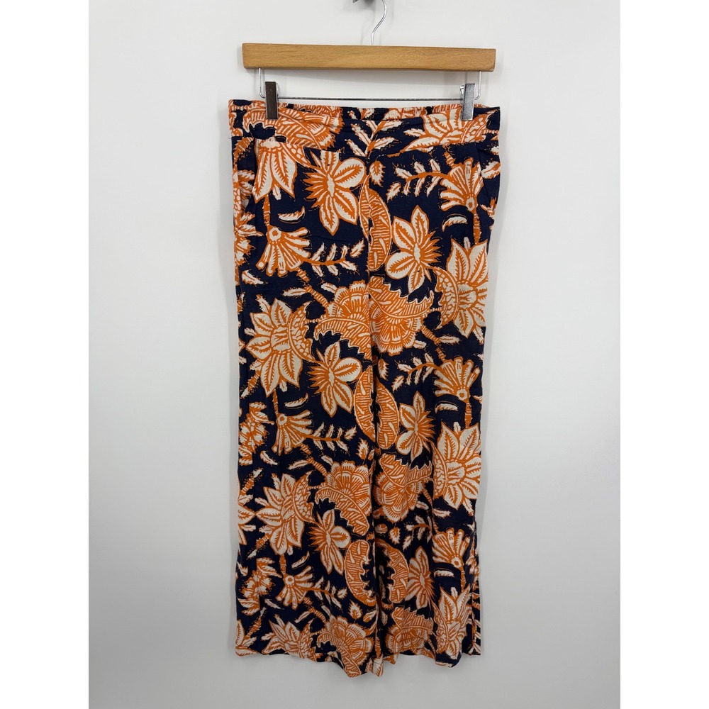 Christian Siriano Floral Wide Leg Pants Women‎ Size S Navy Orange Linen Blend